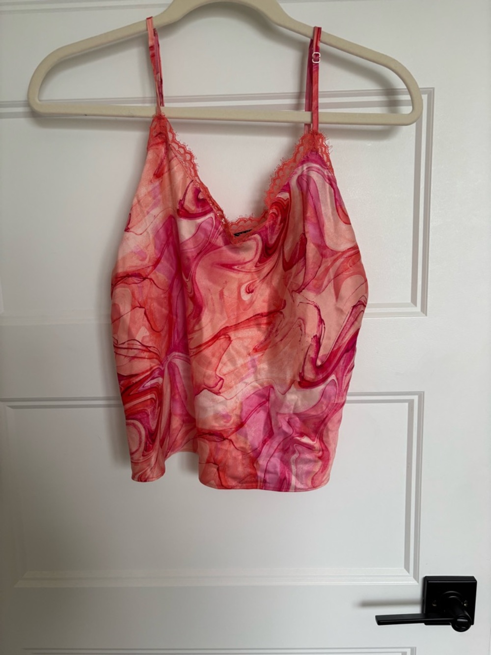 Pink Marble-Print Satin Cami Top with Lace Trim Pajamas